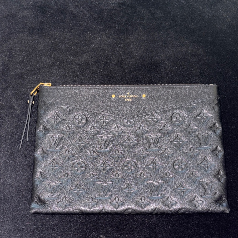 Louis Vuitton Black Embossed Monogram Leather Pouch with Gold Trim
